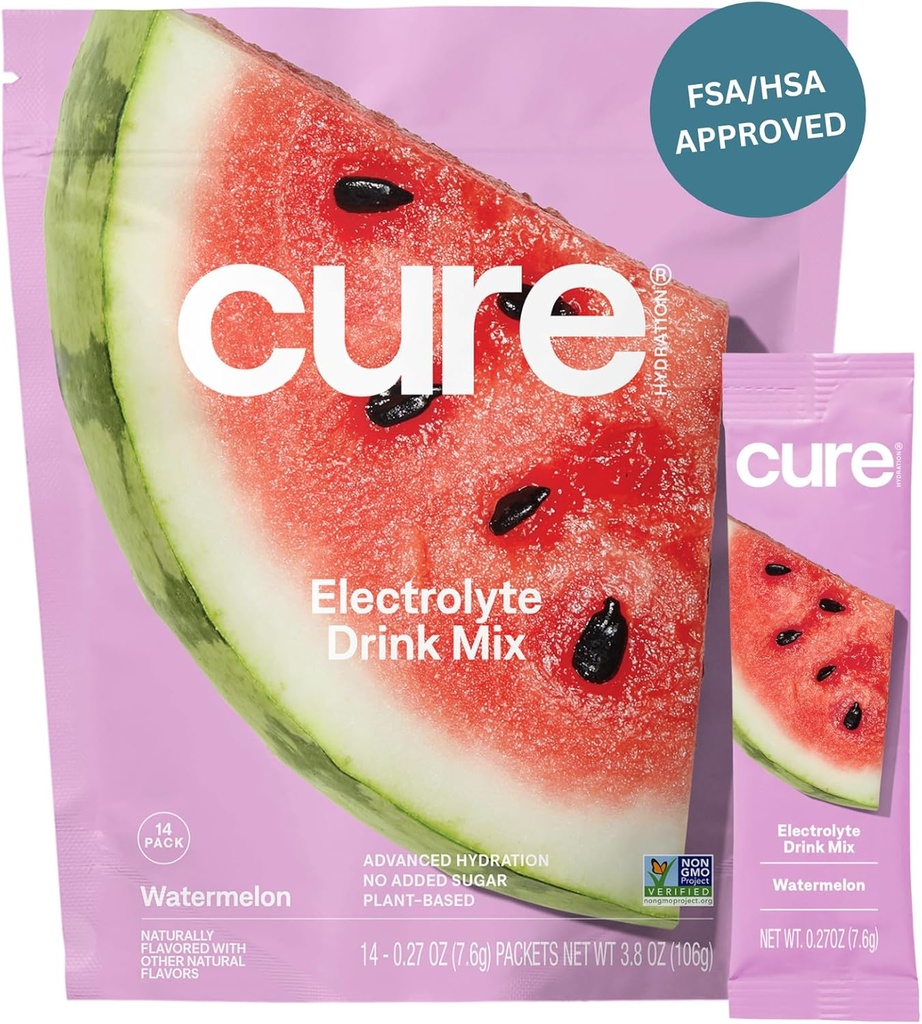 Cure Hydration | Plant-Based Electrolyte Drink Mix | Nodrew Sugar | FSA-HSA | Dehidrasyon Yardımı Tuvalet Su ile Yapıldı | Non-GMO | Vegan | Pouch of 14 Packets - Watermelon