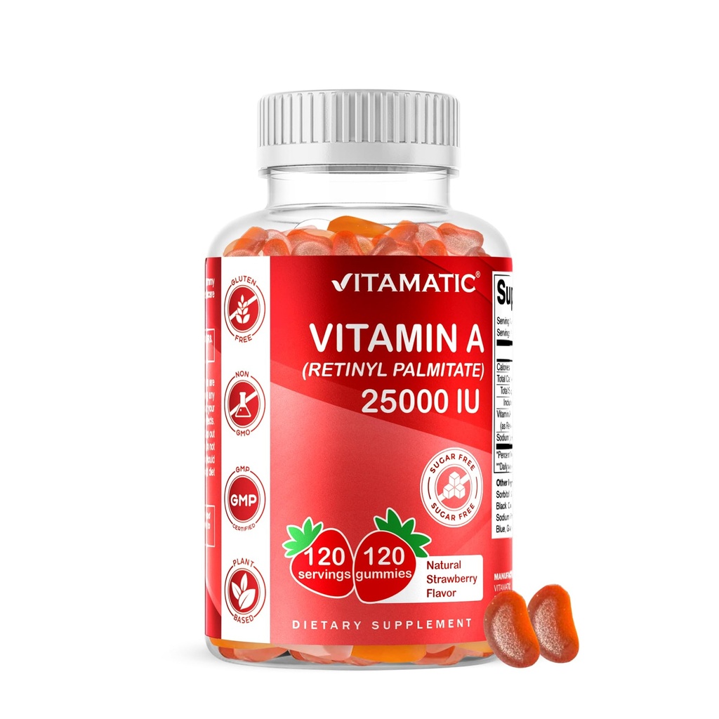 Vitamatic Sugar Free Vitamin A 25000 IU Gummies (Retinyl Palmitate) - Natural Strawberry Flavor - 120 Pectin Based Gummies (1 Şişe)