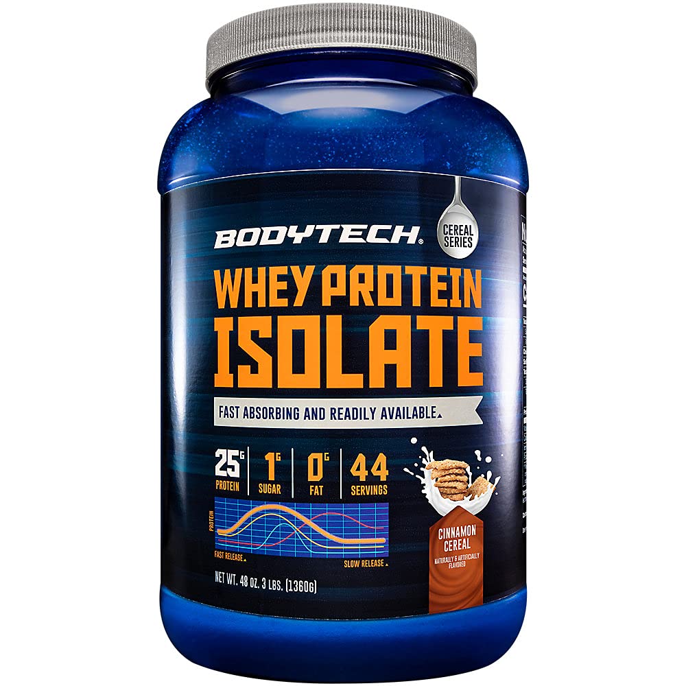 BODYTECH Whey Protein Isolate Toz - hizmet ve BCAA'nın başına 25 gram proteinle - Post-Workout Muscle Building & Growth için ideal, Contains Milk & Soy - Cinnamon Cereal (3 Pound)