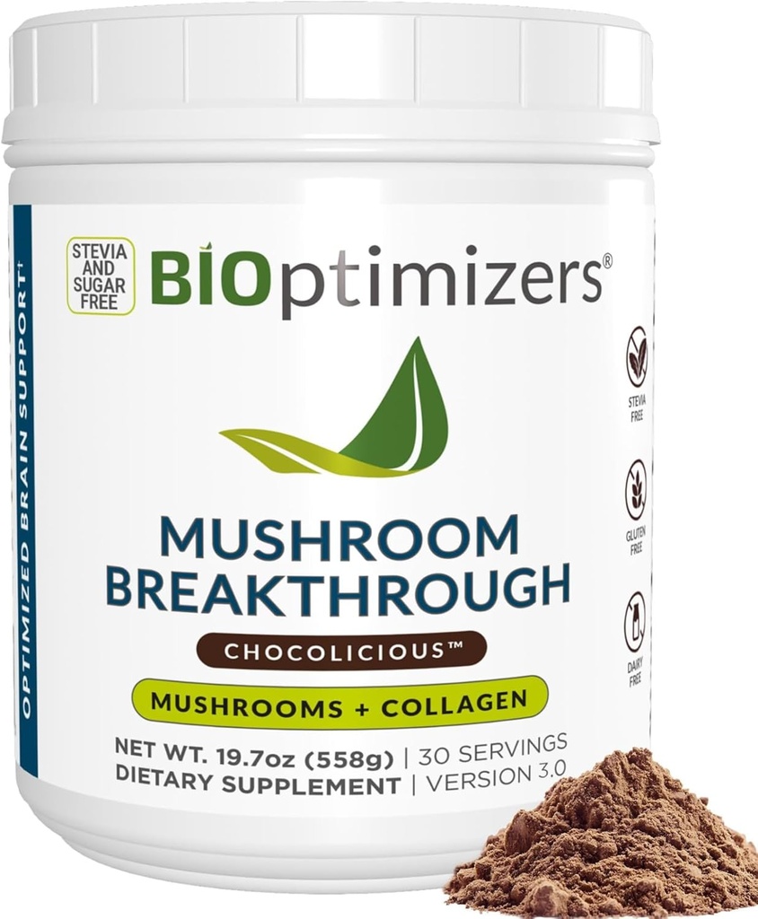 BIOptimizers Mushroom Coffee Alternative – Chocolate Drink – Lion’s Mane, Chaga, Reishi + Collagen Peptides for Focus, Energy & Gut Health – Adaptogenic Mushrooms & MCT Powder – 30 Servings