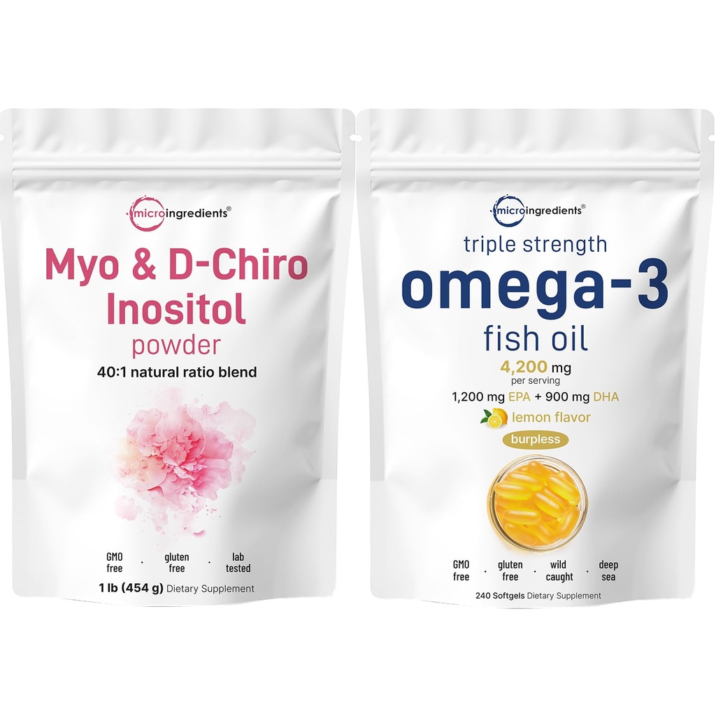 Mikro Malzemeler Omega-3 Fish Oil 4,200 mg Softgels & Myo & D-Chiro Inositol Toz Paket 2 Pack | Wild-Caught Fish, Lemon Flavored, Burpless | Inositol Supplement for Women
