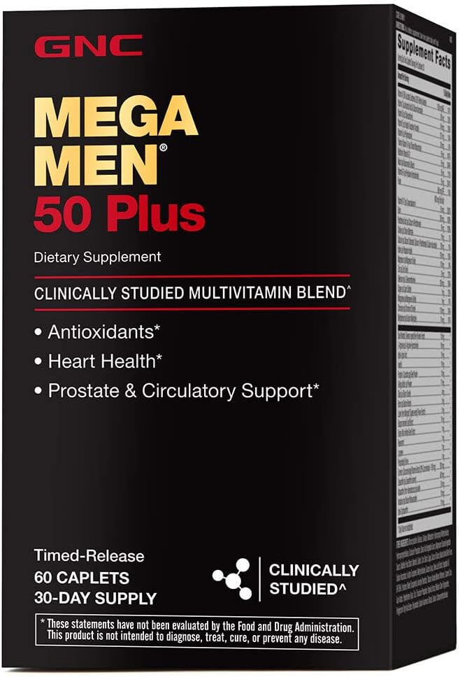 GNC Mega Erkekler 50 Plus Multivitamin Caplets, Klinik olarak Proven, Heart & Prostate Health, B Vitamins, Saw Palmetto, Memory, Vitamin D-3, 60 sayı