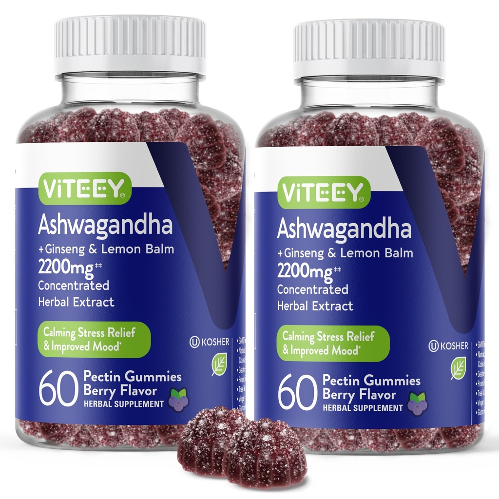 GM & Lemon Balm ile Viteey Ashwagandha Gummies - Mood, Calm & Stres Desteği Ashwagandha Supplements - Vegan, Gluten-Free - 120 Count Count Count