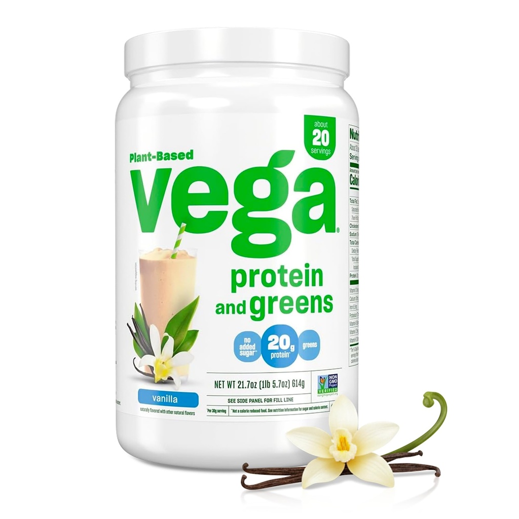 Vega protein ve Yeşiller Protein Tozu, Vanilla - 20g Plant Temelli Protein Plus Veggies, Vegan, GMO, Pea Protein Kadınlar ve Erkekler için, 21.7 Ounce (Piking Mayıs Vary)