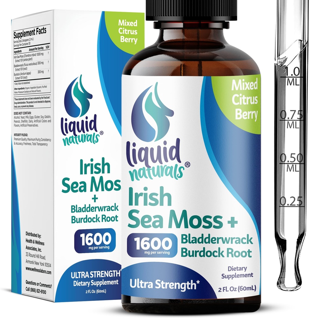 İrlandalı Deniz Moss Drops - Citrus Berry Flavor - 92+ Temel Mineraller ve Vitaminler - Enerji, Skin, Gut, Recovery - Bladderwrack ve Burdock Kök - 2 fl. oz