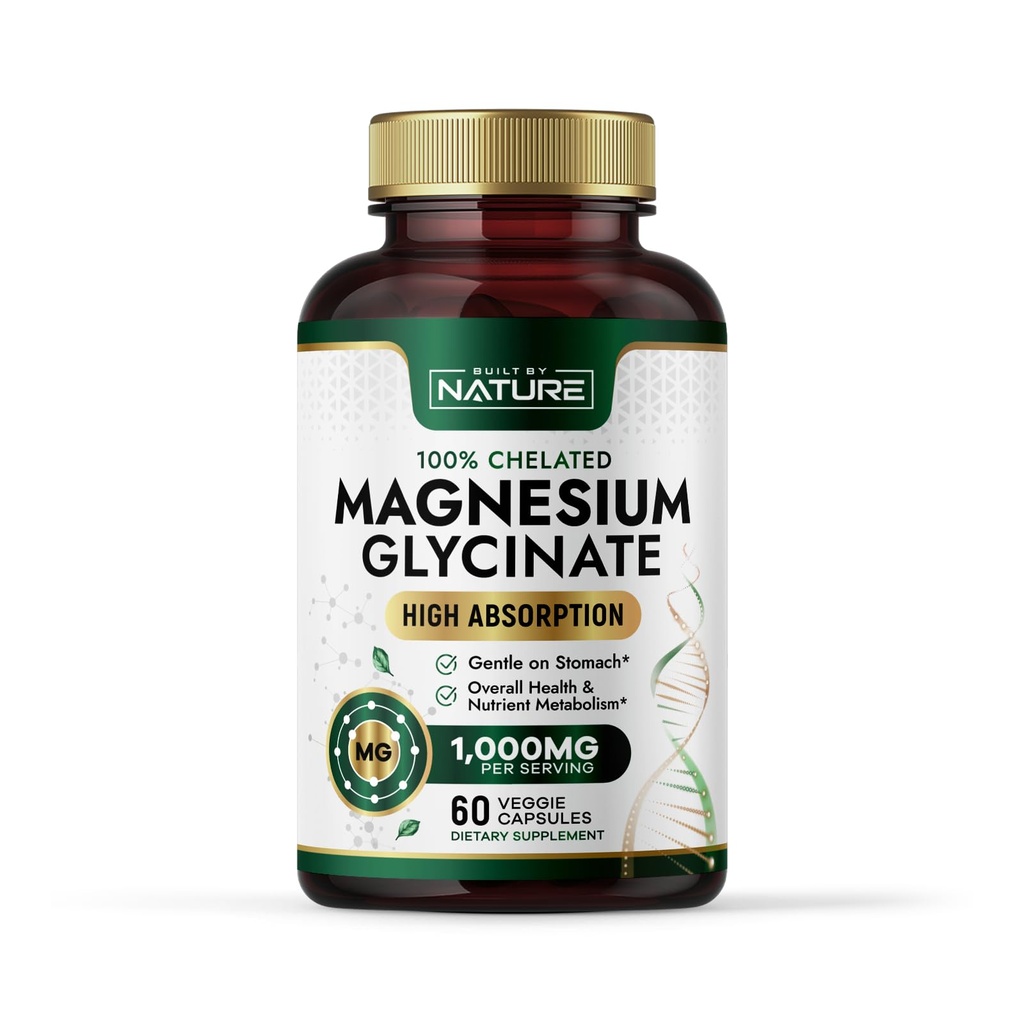 Nature Magnezyum Glycinate 1000 mg - Yüksek Abhidrasyon Tamamı - 100 Chelated, Stomach - Kas, Heart, Bone & Relaxation Support - Non-GMO, Vegan - 60 Capsules