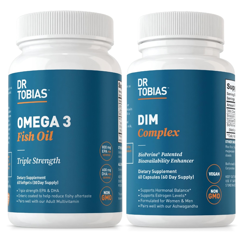 Dr. Tobias Omega 3 Fish Oil and DIM Komplek Supplements, Supports Heart, Brain Immune Function and Hormon Balance for Women & Men with BioPerine, Borccoli Extract & Food D-Glucarate, 60 Capsules