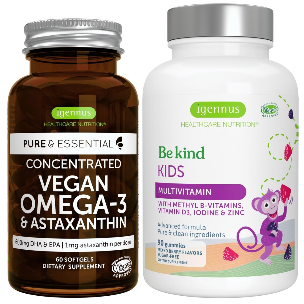 Vegan Omega-3 Algae Oil + Advanced Kids Multivitamin Gummy Sche, High Concentration DHA & EPA + Vitamin A, B, C, D3 & E, Temiz Malzemeler 60 Softgels + 90 Berry Flavor Gummies, Igennus