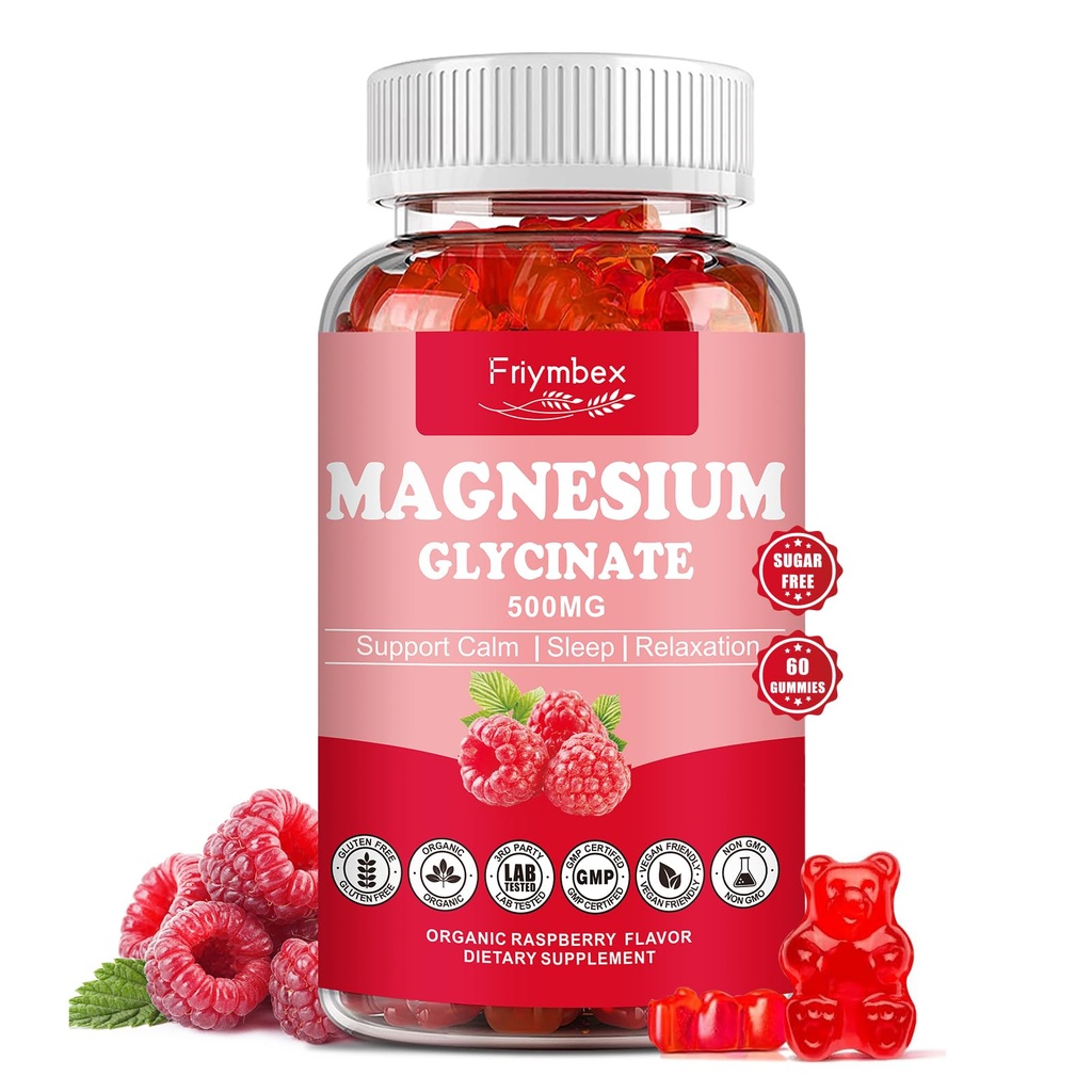 Magnezyum Glycinate Gummies 500 mg | Rahatlama Calm Gummies | Sugar-Free | Non-GMO | Gluten-Free | Vegan-Friendly for Yetişkinler & Kids (60 Raspberry Gummies)