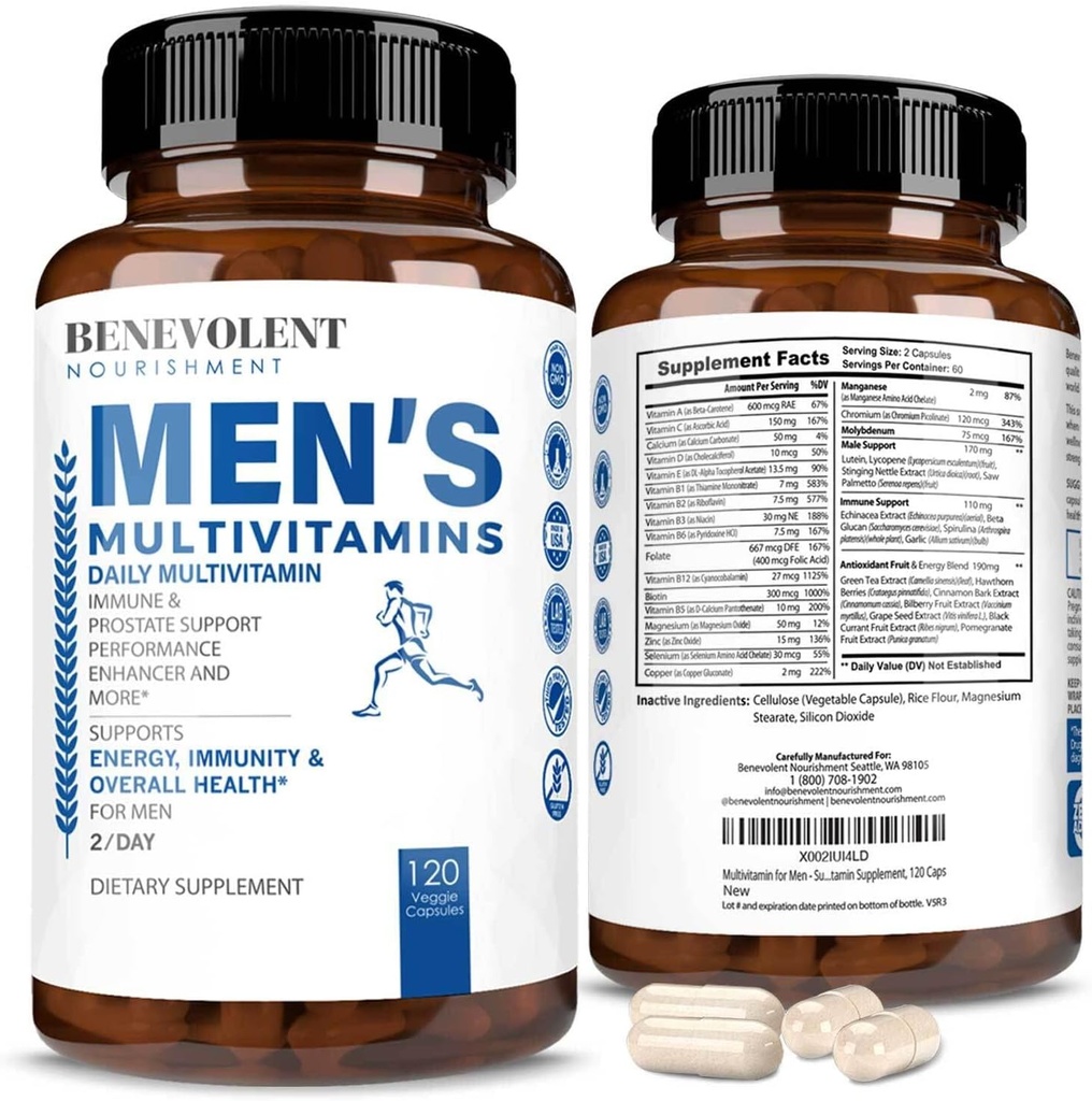 Erkekler için Çokvitamin Yok - Enerji ve Genel Sağlık - Erkekler için Temel Günlük Vitaminler, Biotin, Magnezyum, çinko & Antioksi Immune Health - Non-GMO,120 Caps