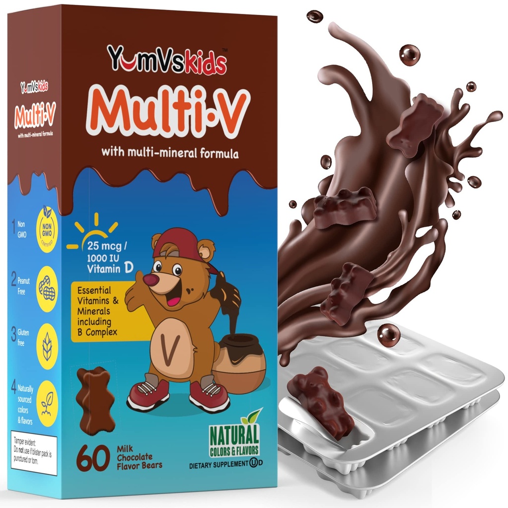 YUM-V'S - Çocuklar Multivitamin Chewable Chocolate Bears - Çocuklar için Çokvitamin - 16 Vitamin ve Mineraller - Vitaminler D, çinko, C, B Kompleksi ve Daha Fazlası, 60 Kont Pack of 1