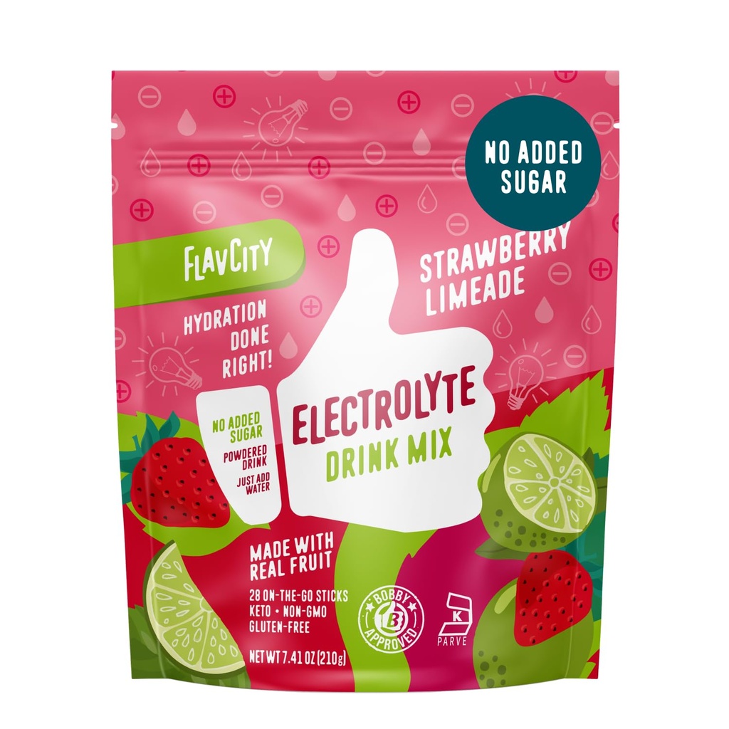 FlavCity Strawberry Limeade Electrolytes Toz Paketleri - 28 Hydration Packets - Nodrew Sugar - Hydration Toz with Real Fruit & Unrefined Sea Salt - Keto & Gluten-Free (28 Stick Packs)
