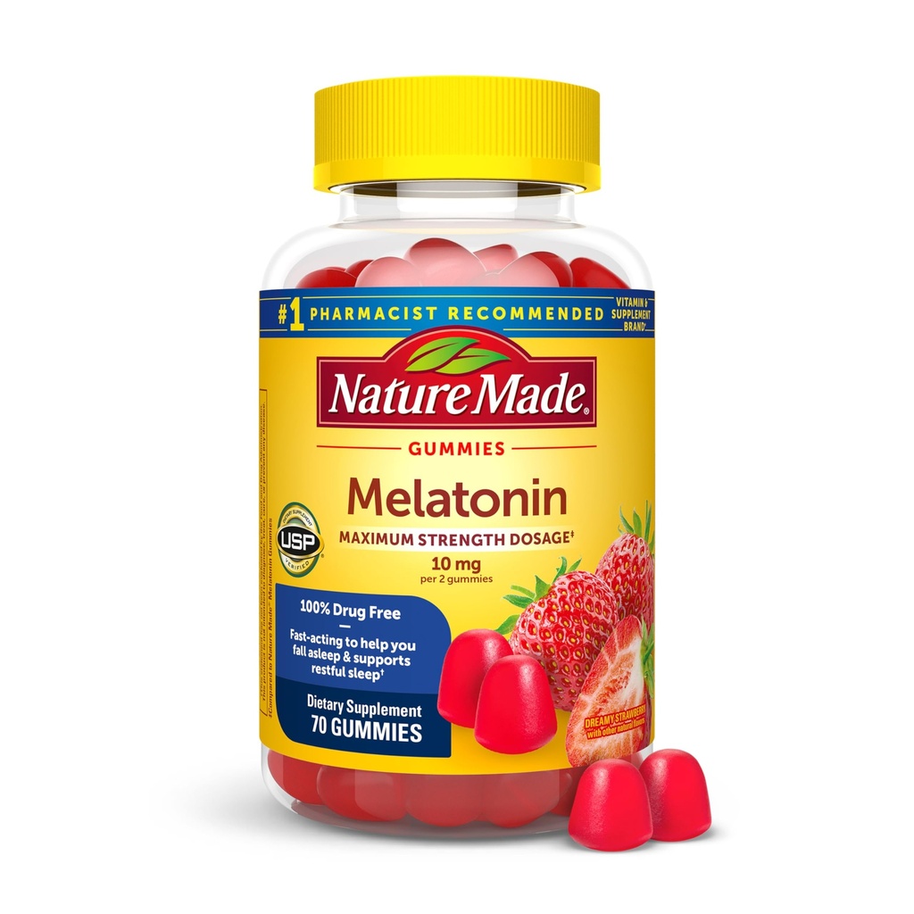 Nature Made Melatonin 10 mg per serve Gummies for Yetişkinler, maximum Strength Dosage Sleep Aid, 100% Drug Free, 70 Kont Melatonin Gummies, 35 Day Supply
