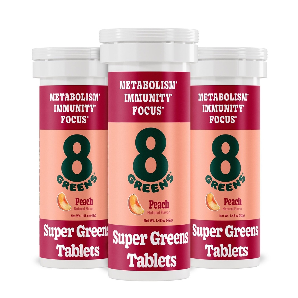 8Greens Supergreens Tabletleri | Super Greens Toz Superfood Tablet, Metabolism Immunity & Focus, Daily Greens Effervescent Tabletleri, Organik: Aloe Vera, Spirulina, Chlorella, Peach, 30 Hizmet
