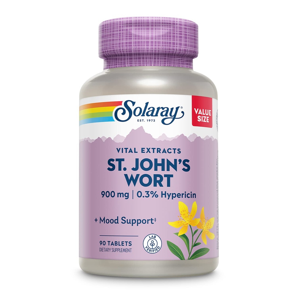 SOLARAY St. Johns Wort Aerial Extract One Daily 900 mg | Standardized w/ 0.3% Hipericin for Mood Stability | Non-GMO | 90 Servisler | 90 Tabletler