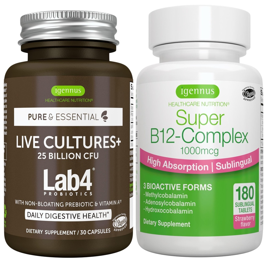 Canlı Kültürler+ Lab4 Probiyotiks + Super B12-Complex, Vegan Sche, 25 Milyar CFU Lactobacillus Acidofilius ve Bifidobacterium + High Abxia Sublingual B12, by Igennus