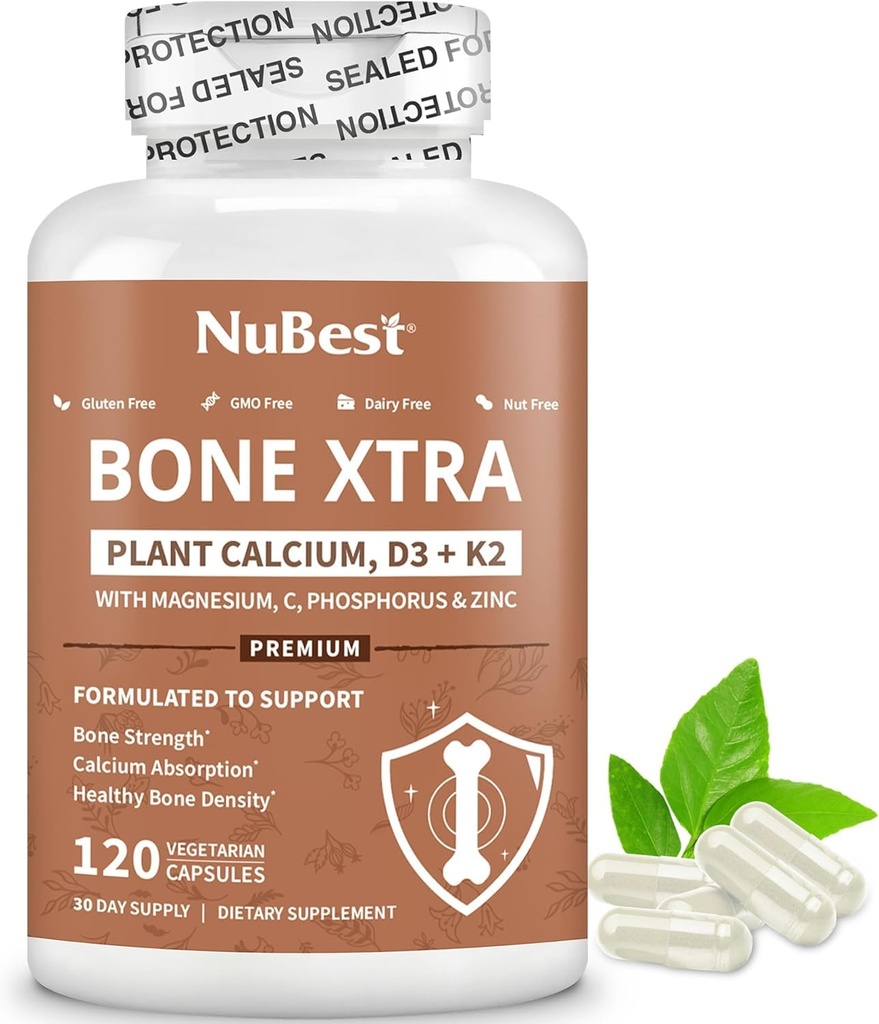 NuBest Bone Xtra - Plant Based Bone Strength, Strontium Boost with Strontium Citrate, Calcium, Magnesium from Marine Algae, Phosphorus, Vitamin C, K2, D3 | Maximum Calcium Absorption | 1 Month Supply