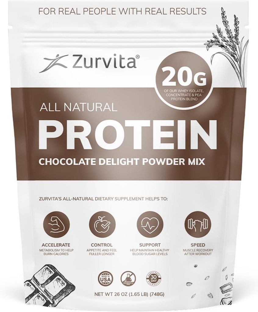 Zurvita - Chocolate Delight Protein Toz - 20g protein, Probiyotikler, 24+ Vitaminler ve Mineraller - Yapay Tatlıcılar - 26oz (20 Hizmet)