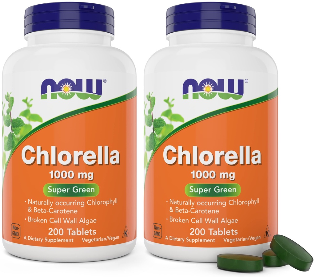 Şimdi Chlorella 1000 mg Tabletler - 200 Kont (Pack of 2) - Doğal Occurring Chlorophyll, Beta-Carotene - Non-G Beta, Vegan - Green Super Food Supplement for Women and Men