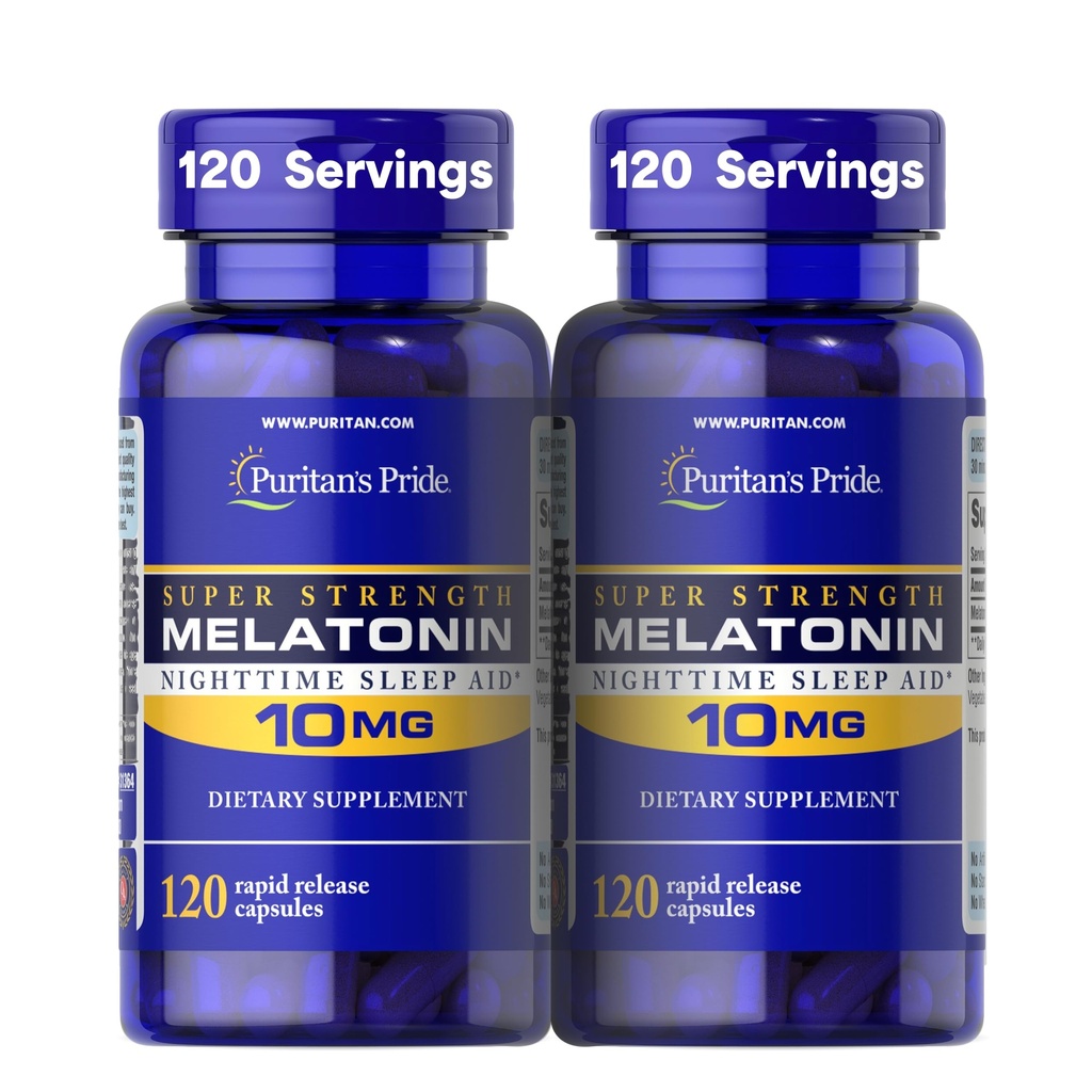Puritan's Pride Premium Super Strength Melatonin 10 mg Sleep Aid, Dietary Supplement for Sound, Restful, & Longer Sleep Support, 4 Ay Supply, 120 Hızlı Yayın Kapsülleri, 2 Pack (Pazar Mayıs Vary)