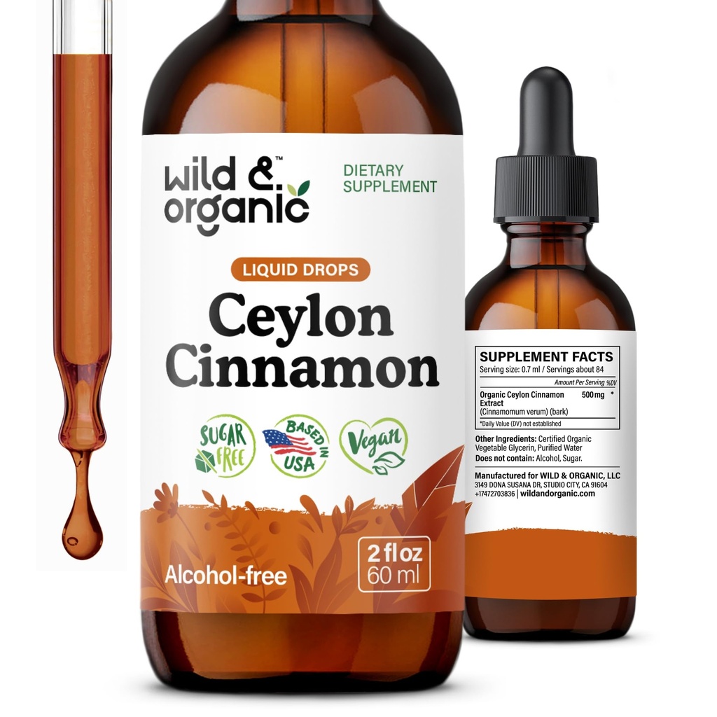 Vahşi & Organik Ceylon Cinnamon Türlü Ölçeği 500 mg - Genel Destek için Sıvı Cinnamon Supplements - Cinnamomum Verum Bark Tincture - Vegan, Sugar & Alkol-Free, Non-GMO - 2 fl oz