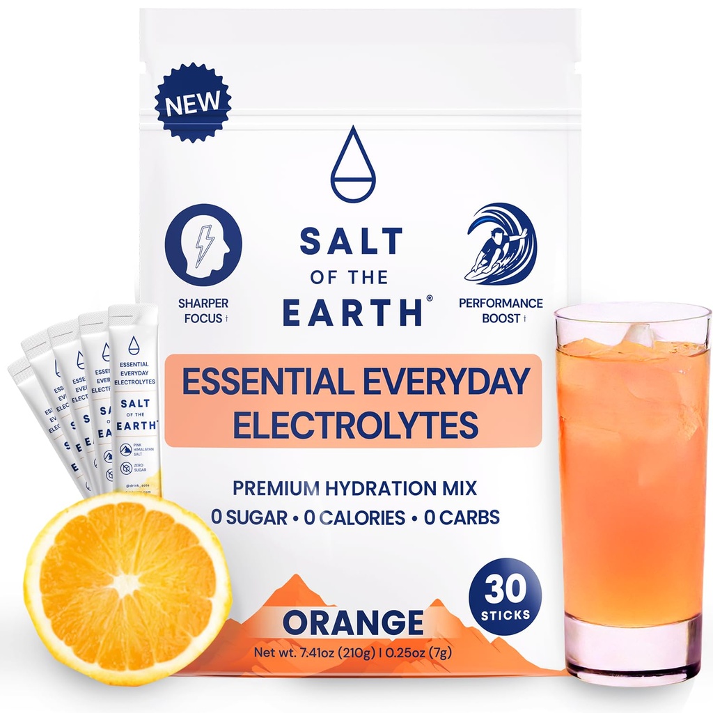 Dünya Premium Zero-Sugar Electrolyte - Pink Himalaya Salt ile yapılır - Hydration Toz Paketleri | Premium Malzemeler | Keto & Paleo Friendly | 30 Sticks, Orange