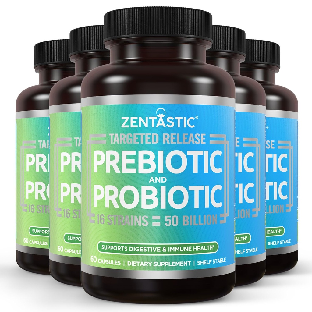 Zentastic Probiyotiks & Prebiyotiks Supplement - 50 Milyar CFU - Men & Women's Immune & Digestive Health - 16 Strains - Raf Stable - 300 Gecikme Veggie Capsules