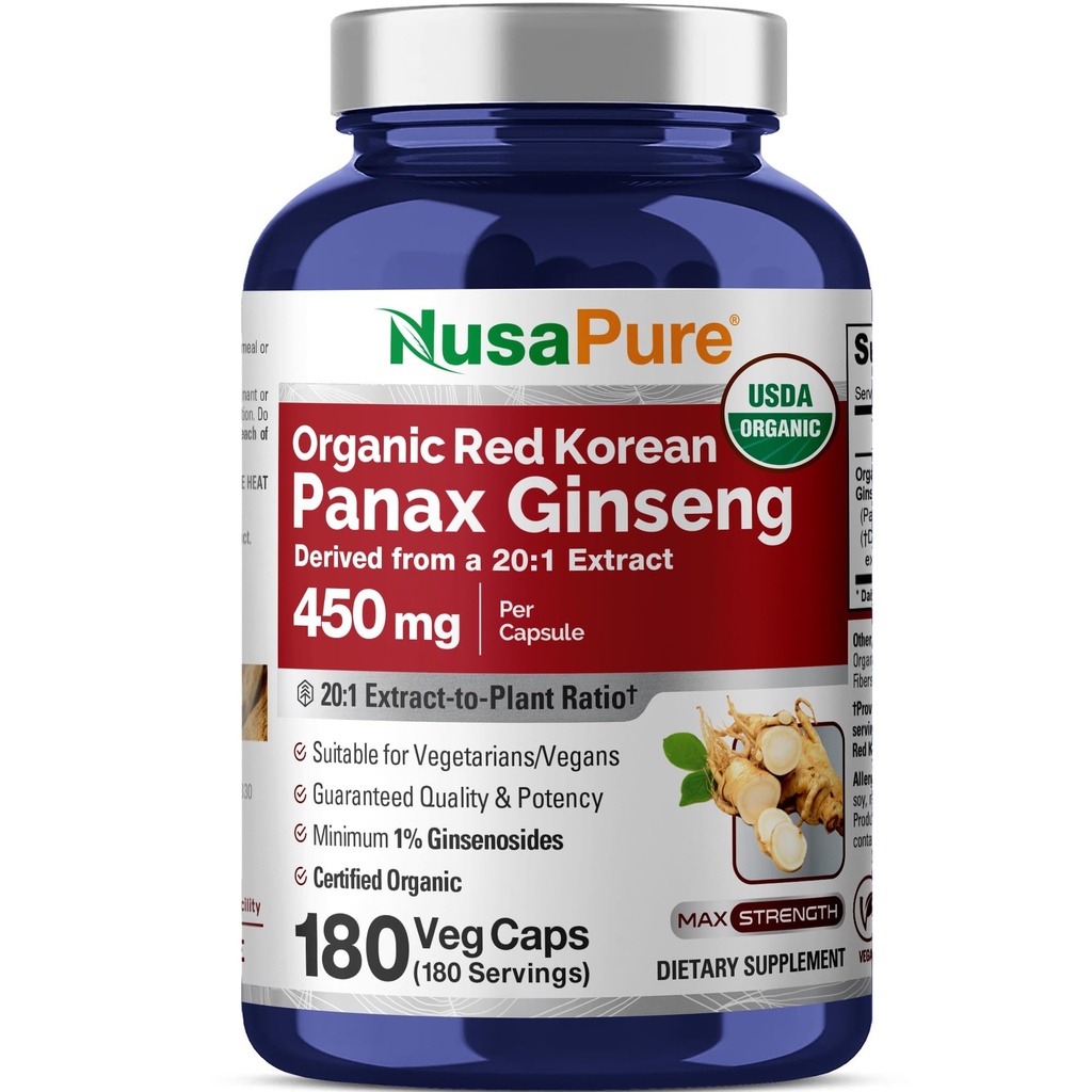 NusaPure Red Koreli Panax BTC 20:1 Ekstraksiyon, 450 mg 9,000 mg 180 Veggie Caps (USDA Organic, Non-GMO, Vegan, Vegetarian, Bioperine)