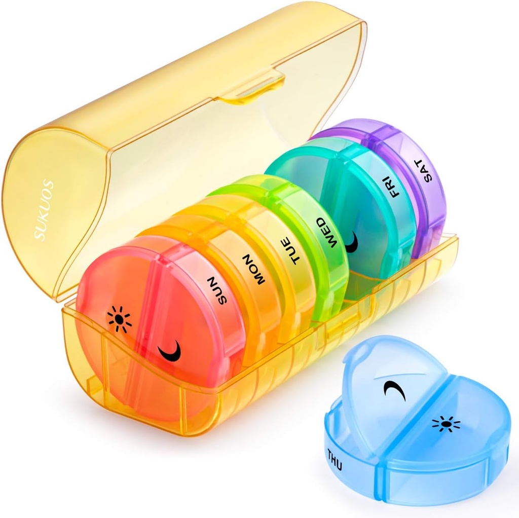 Sukuos Large Weekly Pill Organizer 2 Times a Day, Daily Pill Box 7 Day Easy to Open with Double Protection, AM PM Pill Case for Medicine/Vitamin/Fish Oil/Supplements (Yellow)