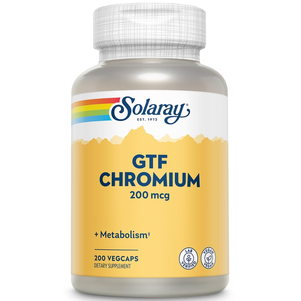 Solaray GTF Kromium 200mcg - Pure Chromium GTF 200 mcg Supplement, Supports Metabolic Function and Whole Body Health for Men and Women - 200 Vegan Capsules