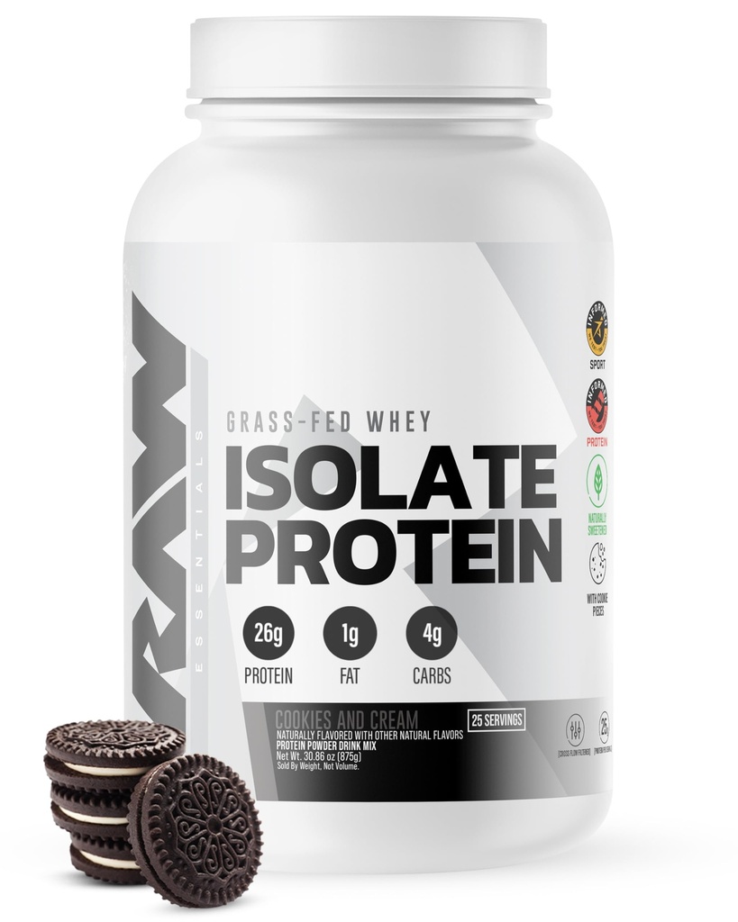 RAW Whey Isolate Protein Powder, Cookies N Cream - 100% Grass-Fed Sports Nutrition Protein Powder for Muscle Growth & Recovery - Low-Fat, Low Carb, Naturally Flavored & Sweetened - 25 Servings