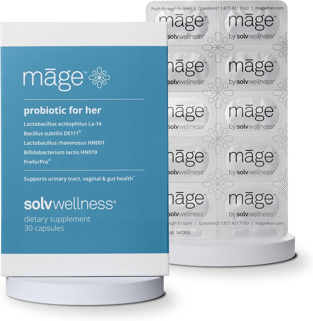 Solv Wellness Māge Probiyotik for Her, Daily Women's Prebiyotik ve Probiyotiks, Digestive, Vaginal PH Balance, Urinary Tract Health Support, 30 Capsules