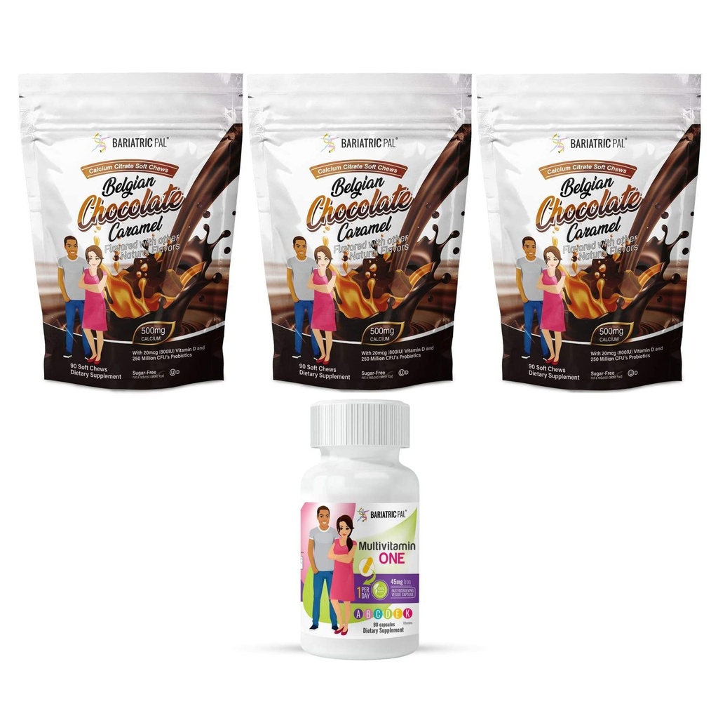 BariatrikPal 90 günlük Bariatrik Vitamini (Günde BİR 1 Vitamini) 45 mg Demir ve Kalsiyum Citrate Soft Chews 500 mg Probiyotiks - Belçika Çikolata Caramel)