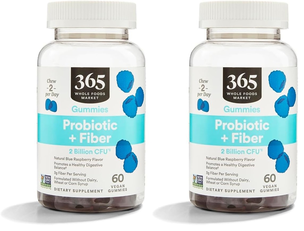 365 by Whole Foods Market, Gummies Probiyotik Fiber 2 Bill Blue Raspberry, 60 Kont (Pack of 2)
