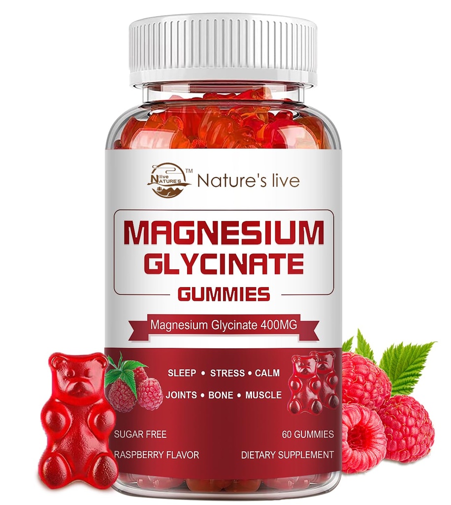 Magnezyum Glycinate Gummies, Sugar Free Magnezyum Supplement with Magnezyum Glycinate 400 mg, Magnezyum L-Threonate 200 mg for Calm Mood, Muscle, Bone & Sleep for Yetişkinler, 60 Raspberry Gummies
