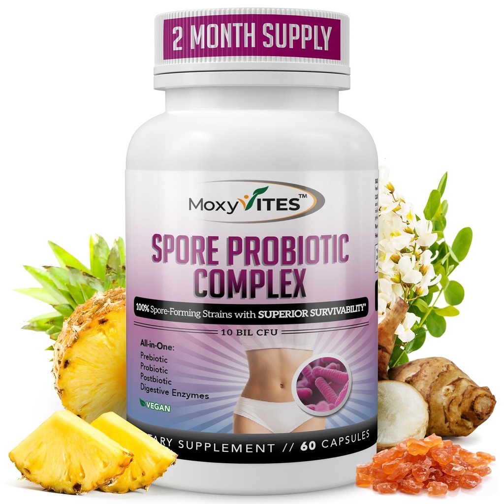 MoxyVites Spore Probiyotik Kompleksi - All In One Prebiyotiks and Probiyotiks for Digestive Health, Postbiyotik, Digestive Enzymes Daily Supplement - Spore Based Probiyotik for Women & Men