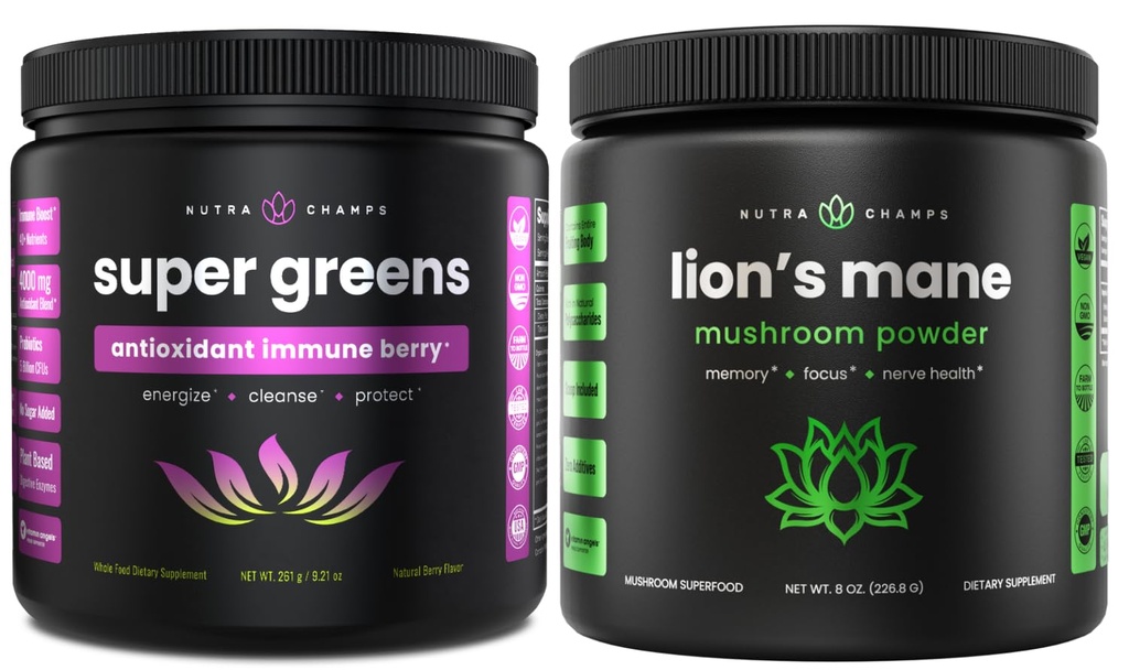 NutraChamps Super Greens Antioksi & Lion's Mane Toz. Digestive, Immunity & Adaptogen Support