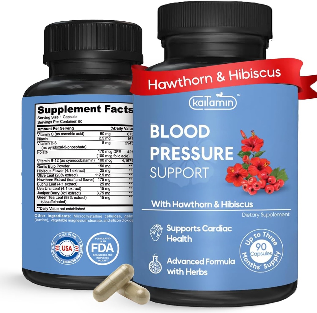 Kan basıncı Desteği Tamam – Doğal Hawthorn, Hibiscus, Garlic & Olive Leaf – Kalp Sağlığı ve Sörf Desteği – B12, B6 – Vegan, Non-GMO – 90 Caps (3-Month Supply)