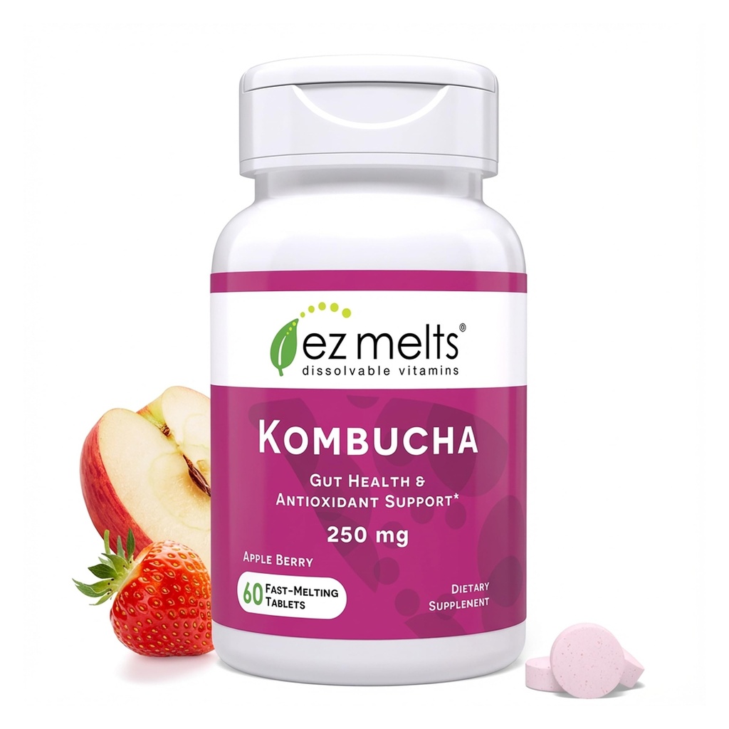 EZ Melts Dissolvable Sugar-Free Kombucha Tabletleri SCOBY & Apple Cider Vinegar, Gut Health Supplements for Men & Women, Apple Berry Flavor, 2Month Supply - 1 Pack