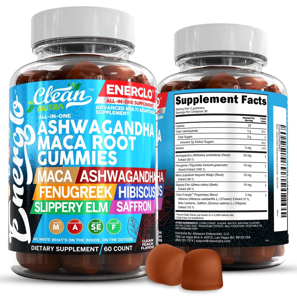 Ashwagandha Maca Root Gummies with Fenugreek Hibiscus Slippery Elm Saffron Extract & Beta Carotene | Peach Flavor Vegan Gummy Vitamins Adaptogen Cortisol Supplement Energlo tarafından