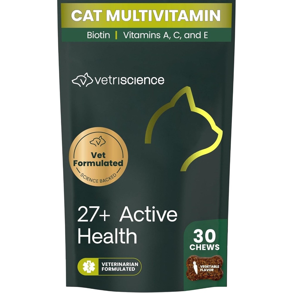 Vetri Science 27+ Aktif Sağlık Chews, Nu Cat Daily Multivitamin for Cats and Kittens, Dengeli Vitaminler, Mineraller ve Antioksiler, Sağlık ve Sağlık Desteği, Balık, 30 Count