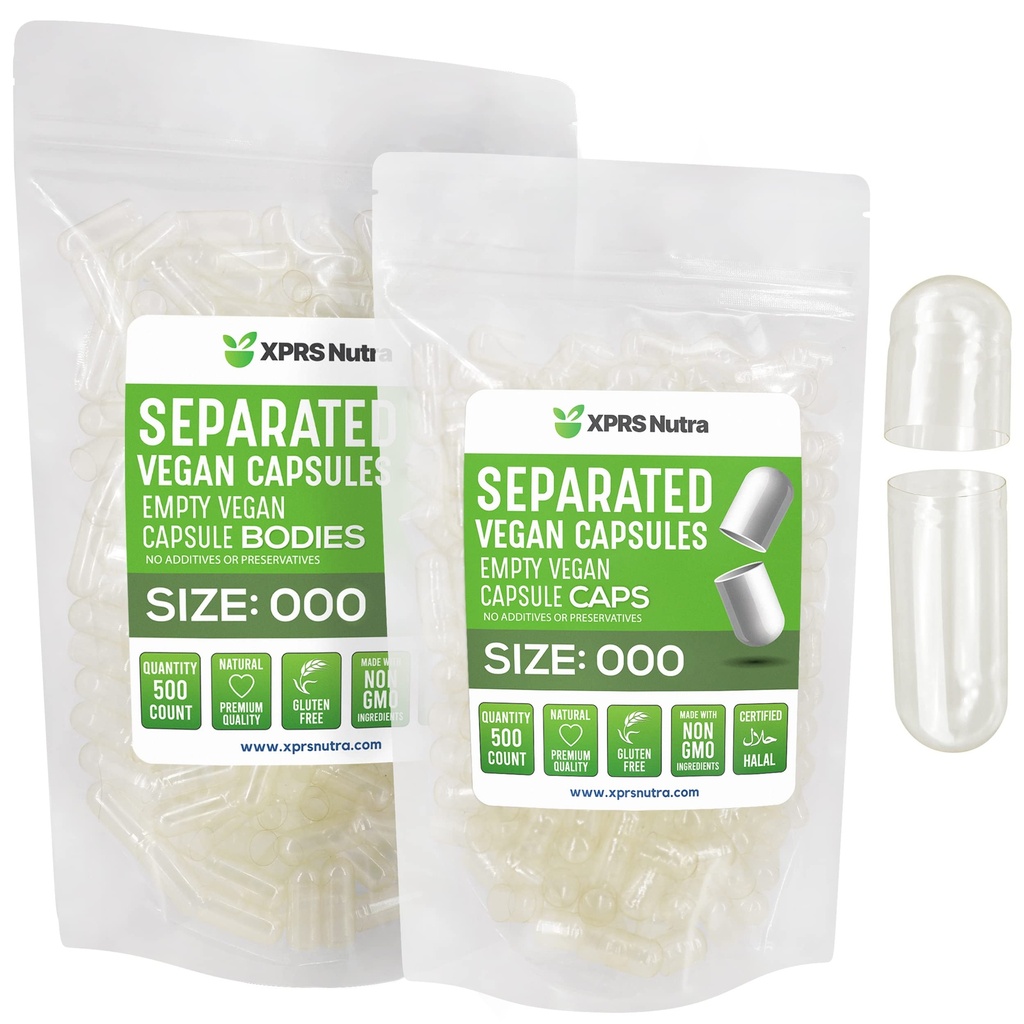 XPRS Nutra Vegan Boyutu 000 Ayrılı Capsules- 500 Kont Premium Boş Caps Çantada Ayrıştı - Clear Boş Capsules - DIY Supplement için 000 Pills