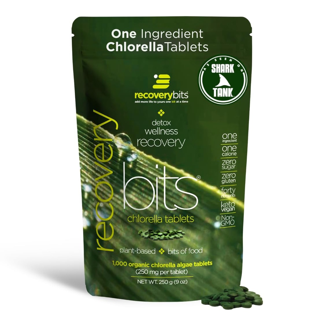 RECOVERYbits - Organik Chlorella Tabletler - Plant-Based Algae Superfood - Chlorophyll - Cracked Hücre Duvar - Enerji - Immune System - Detox - Keto - Vegan - Non-GMO - Büyük Bag - 1000 Tabletler