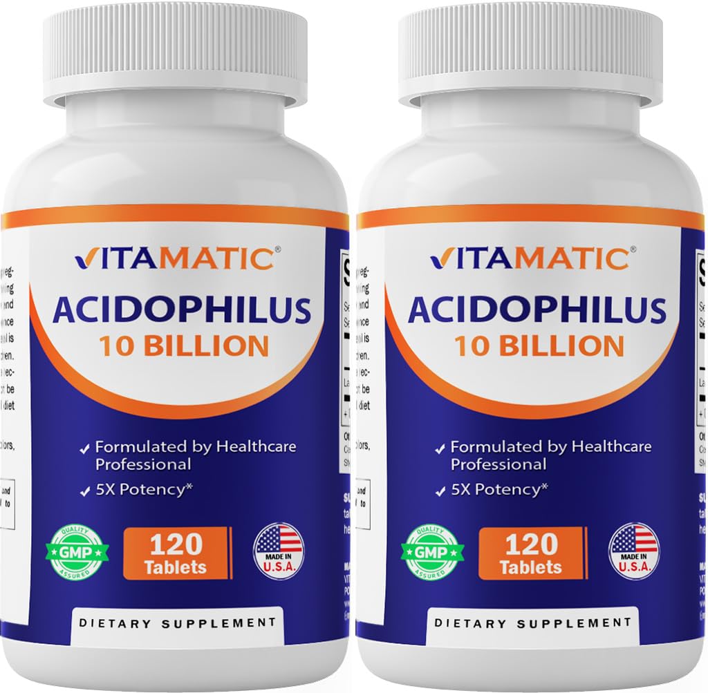 Vitamatic 2 Packs Acidofilius Probiyotik - 10 Milyar CFU - 120 Tablet - 5X Potency - Daily Probiyotik Supplement, Supports Digestive Health (Top 240 Tablet)