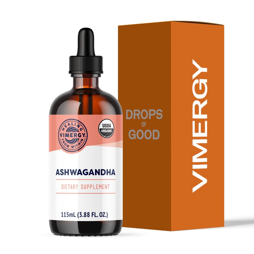 Vimergy USDA Organik Ashwagandha Sıvı Ekstraksiyon, 57 Hizmet -Stres Supplement Drops - Adaptogen - Destekler Bilişsel Fonksiyonl - Uyku Desteği - Alkol Özgür, Non-GMO, Vegan & Paleo Dostu (115 ml)