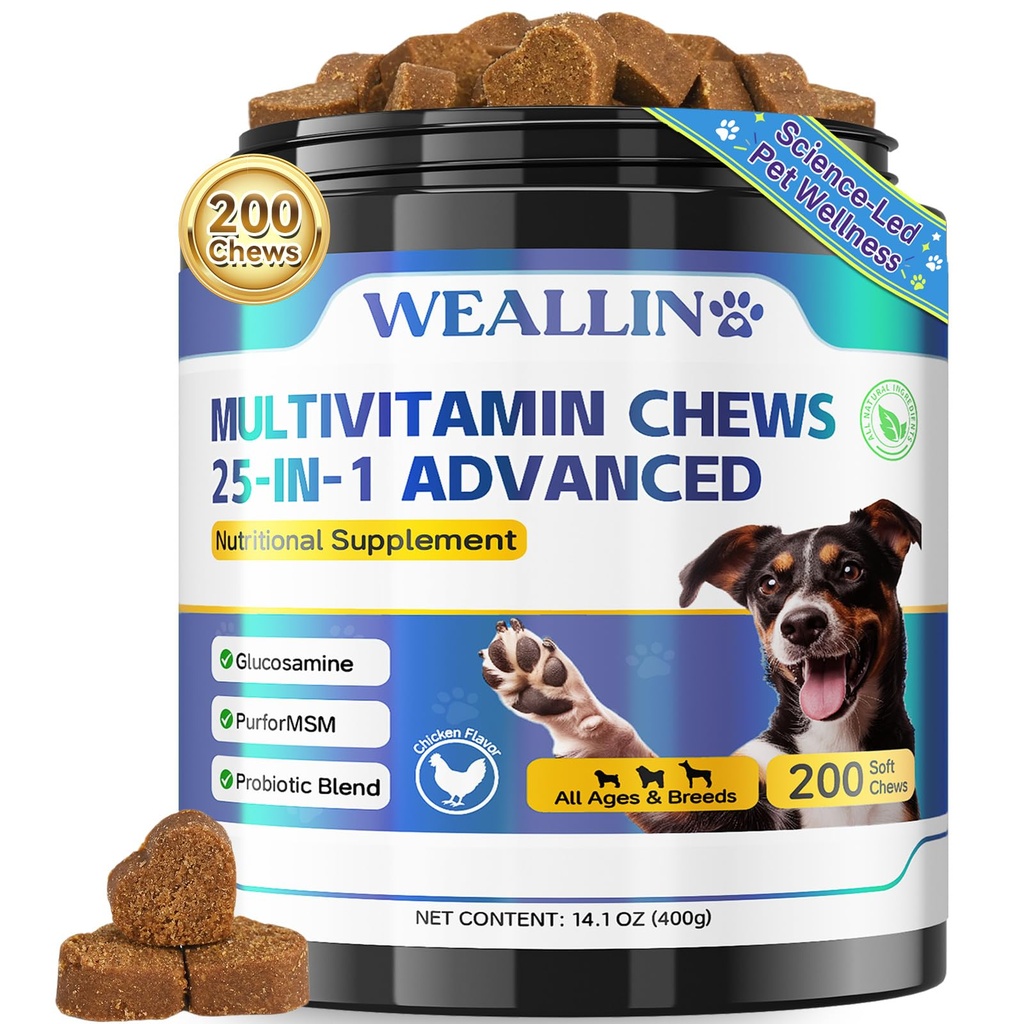 Köpek Vitaminleri - 25-in-1 Köpek Vitaminleri ve Tamamlar Glucosamine Probiyotikleri Omega-3 Puppy Multivitamin Chewable for Coat, Heart, HIPS & Commons, Digestion & Immune System 200partion & Immune System
