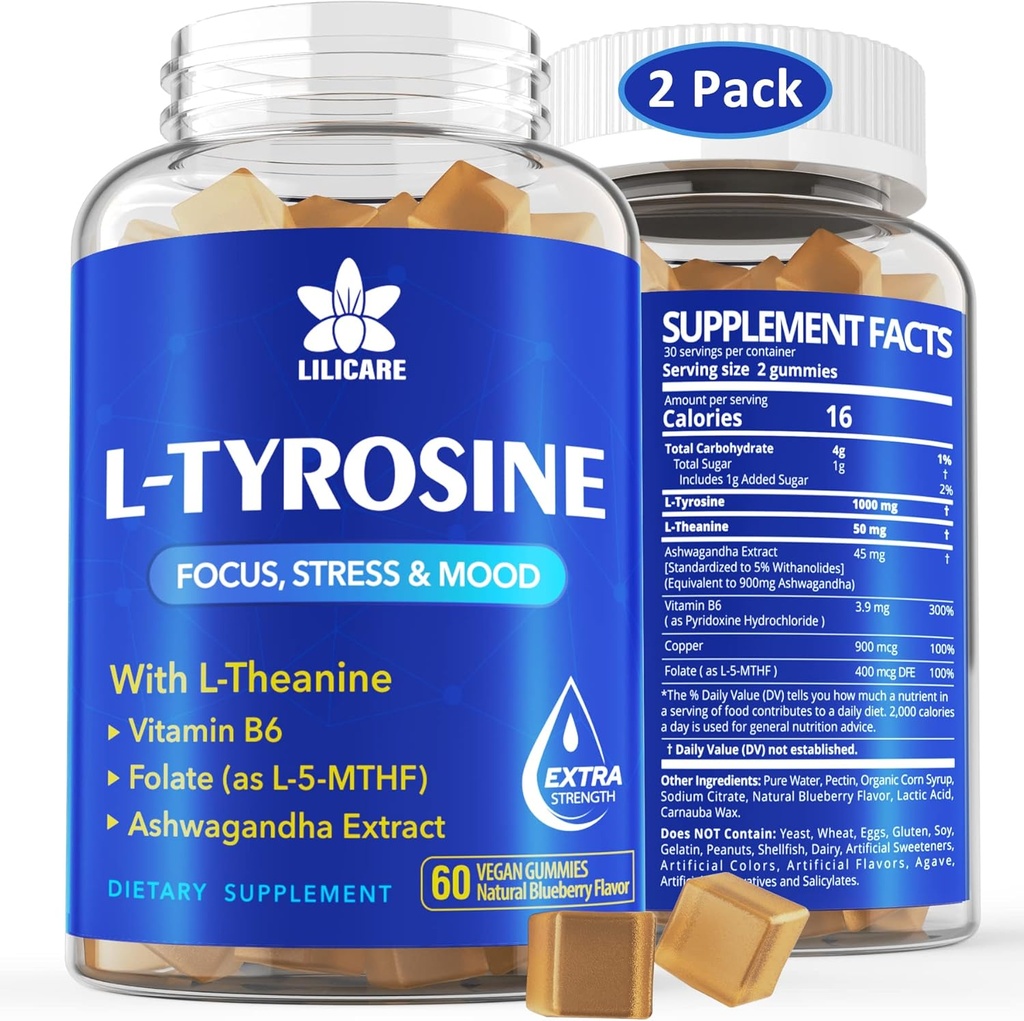 L Tyrosine Gummies 1100 mg Mood Support Meeting, Ashwagandha, L-Theanine, Vitamin B Complex B6, Folate (Vitamin B9), Focus & Memory, Cognition & Brain Function, Energy Boost,Stress Support, 2Pc/120ct