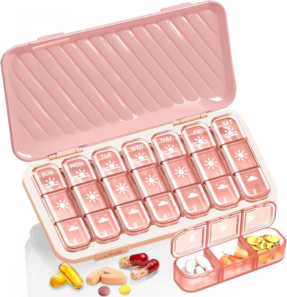 Pill Organizer 3 Times A Day, 7 Day Pill Box - GloDeals Weekly Pill Organizer, Portreatif Re taşınma Günlük Tıp Konteyneri Vitamin Balık Yağı Tamam, Pink Medical Konteyner Davası