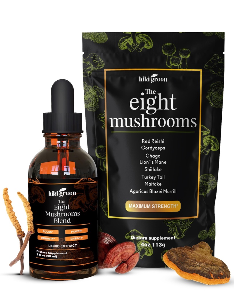KIKI Green 8 Mushrooms Toz & Sıvı Ekstraksiyonu - Oda Tamam Kompleksi Focus & Energy - Lion's Mane, Chaga, Cordyceps, Türkiye Tail, Reishi, Shiitake, Maitake - 4 oz, 2 fl oz
