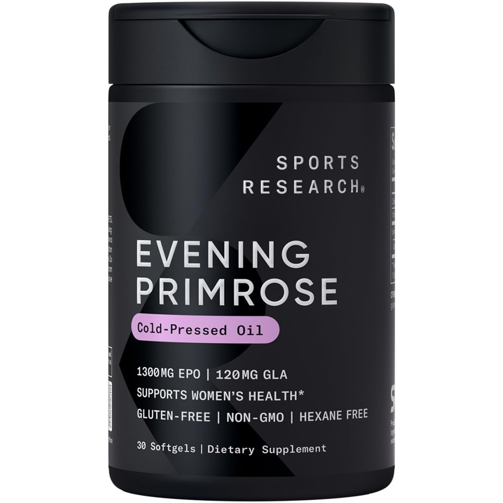 Sports Research Evening Primrose Supplement from Cold Pressed Oil - Women's Health & Skin Health - Gluten Free & Non-GMO GLA - High Potency 1300 mg, 30 Count
